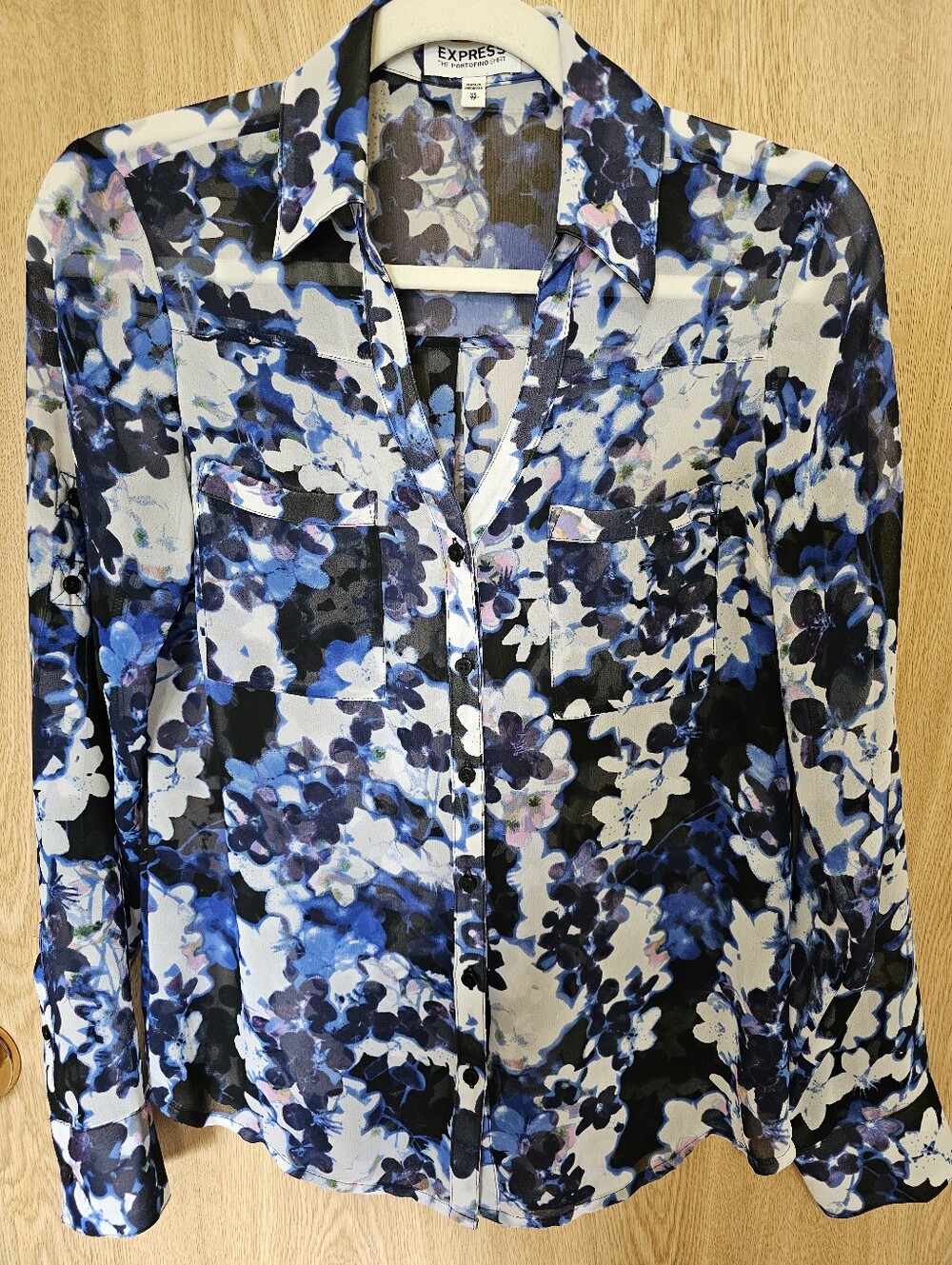 Express Slim Fit Portofino Shirt Blue Pink White Semi Sheer Size XS